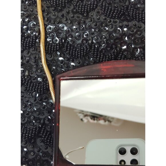 Vintage Black Sequin Clutch With Gold Chain & Mirror Made in British Hong Kong - Picture 8 of 9
